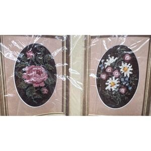 Creative Circle Needlepoint Kit Cabbage Rose & Daises Set 2 Floral Vintage 80s